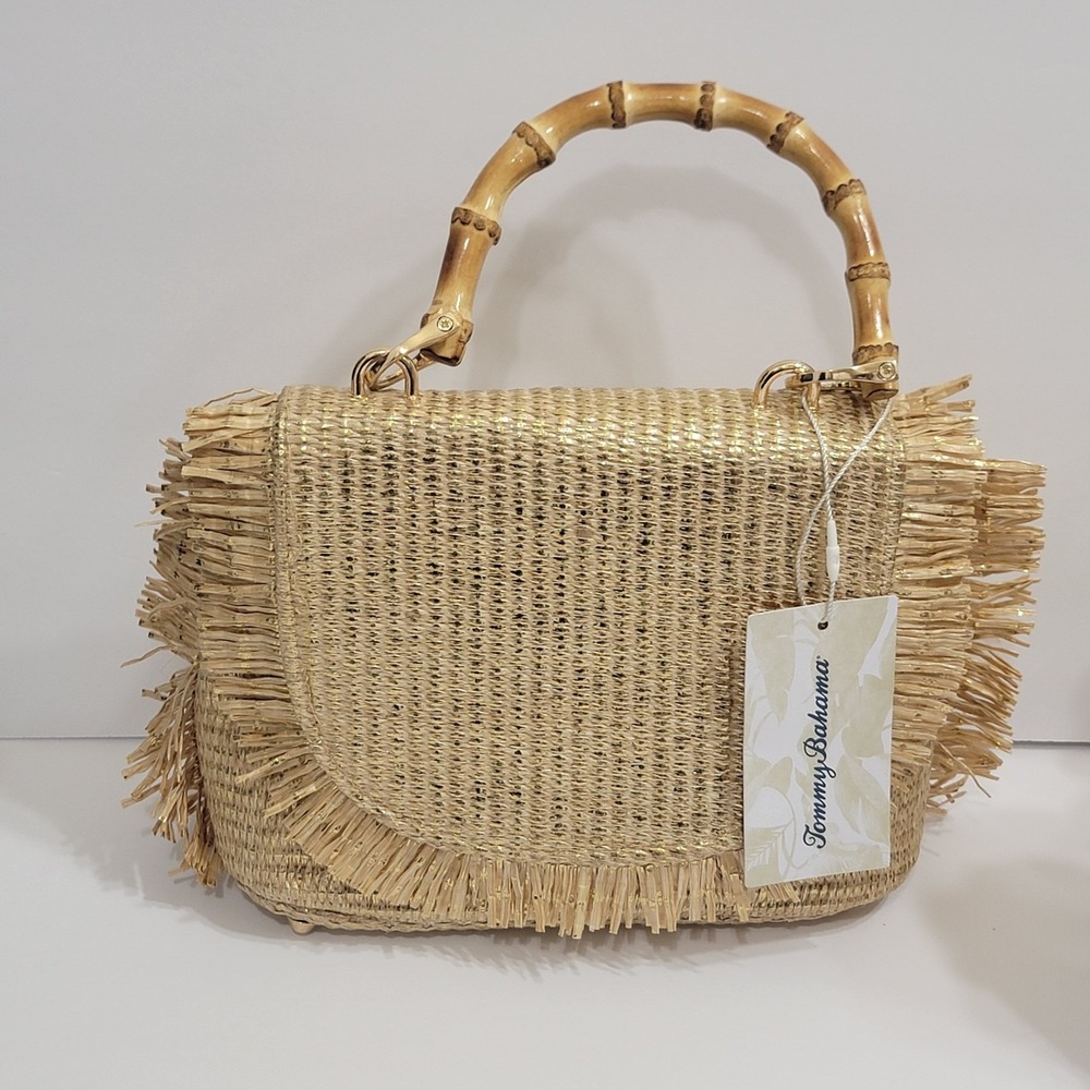 Tommy Bahama Natural Woven Raffia Straw Fringe Bamboo Handle Gold Crossbody Bag